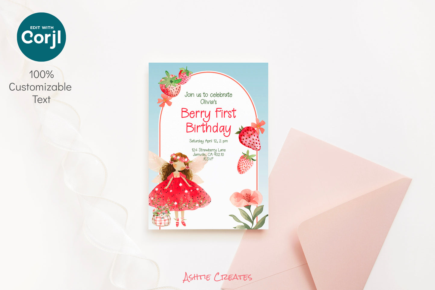 Strawberry Berry First Birthday Invitation for Girls – 5x7 Editable Digital Download