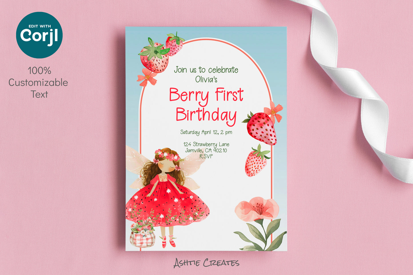 Strawberry Berry First Birthday Invitation for Girls – 5x7 Editable Digital Download