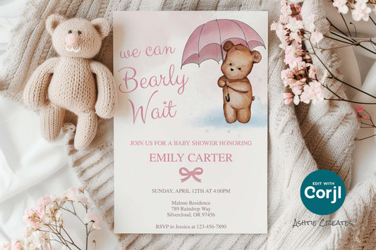We Can Bearly Wait Baby Shower Invitation Design - Customizable Digital Download