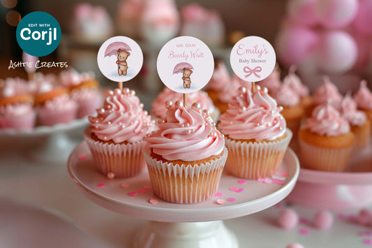 We Can Bearly Wait Cupcake Topper Designs - Bundle of 3 - Customizable Text Digital Download