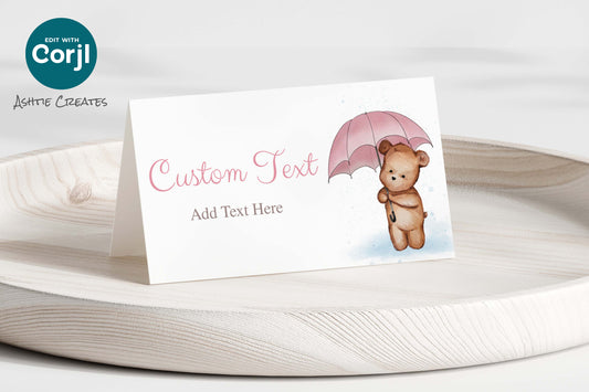 We Can Bearly Wait Baby Shower Place Cards/Buffet Cards | Customizable Digital Download | Bear with Pink Umbrella | Corjl Editable Template