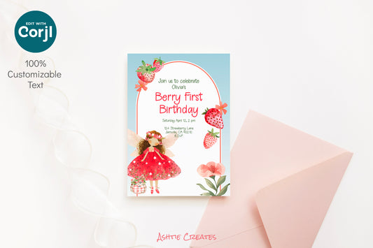 Strawberry Berry First Birthday Invitation for Girls – 5x7 Editable Digital Download